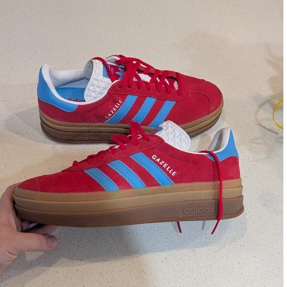 Adidas Gazelle Bold Platform Sneakers Women Red Blue Suede Gum Sole 'Like New' - Picture 1 of 12